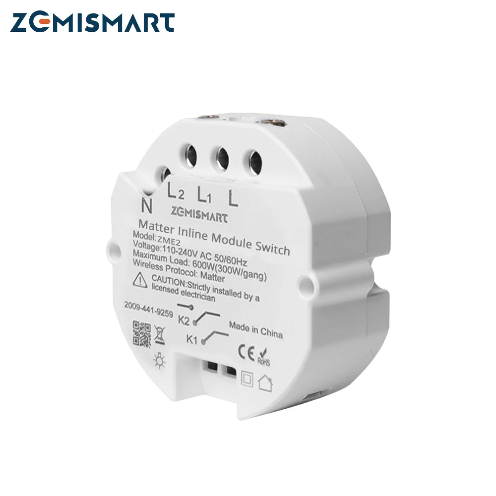 Zemismart Matter WiFi Smart Inline Module Switch 2 Gang Relay Breaker Support Siri Google Home Smartthings App Control