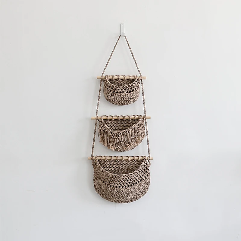 رف تخزين من حبل القطن المنسوج يدويًا مكون من 3 طبقات، سلة معلقة على الحائط وداخل الباب، حقيبة تخزين متنوعة على الطراز الريفي
