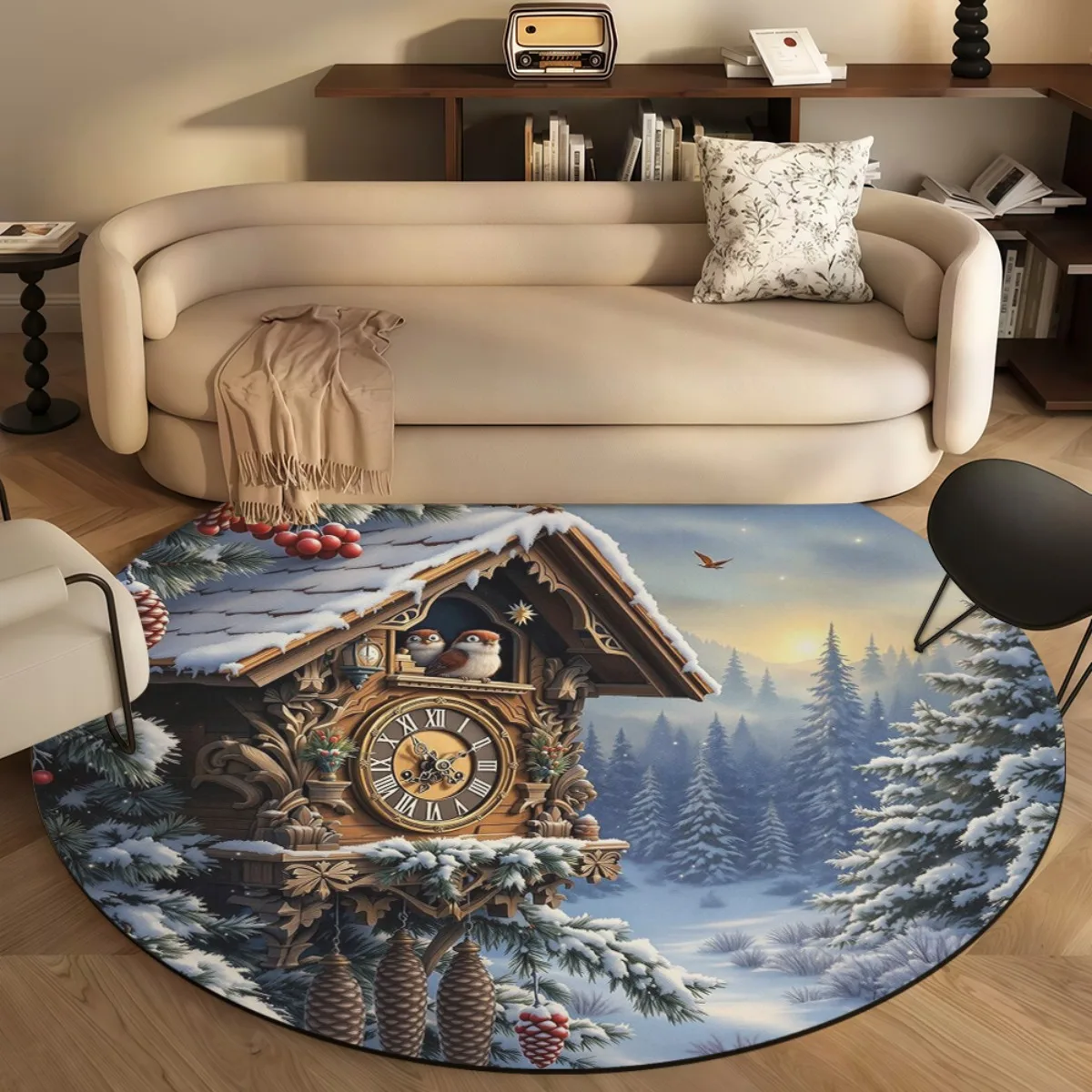 1pc 2D Flat Round Winter Door Mat, Snowy Forest & Chalet Clock House Print Rug for Living Room Bedroom, 2D Flat Home Decor