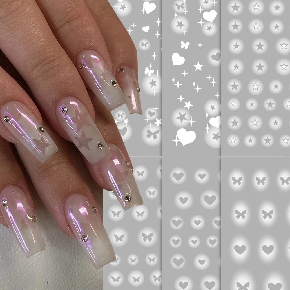 1Pcs 5D Translucent Stars Heart Nail Sticker White Hollow Butterfly Love Heart Adhesive Decal DIY Y2K Starlight Manicure Sliders