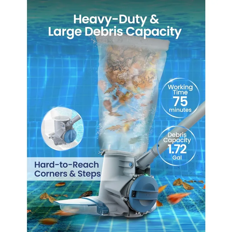Rechargeable Heavy Duty Pool Leaf Vacuum, 62GPM Powerful Suction, Standard and Fine Oversized Filter Bags, Commercial Power Vac