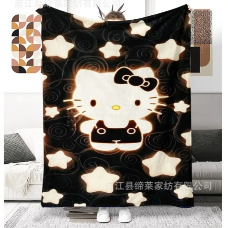 Kawaii Black Star HelloKitty Anime Printed Flannel Blanket Cover Cute Sanrio Kuromi MyMelody Pet Warm Throw Travel Blanket Shawl