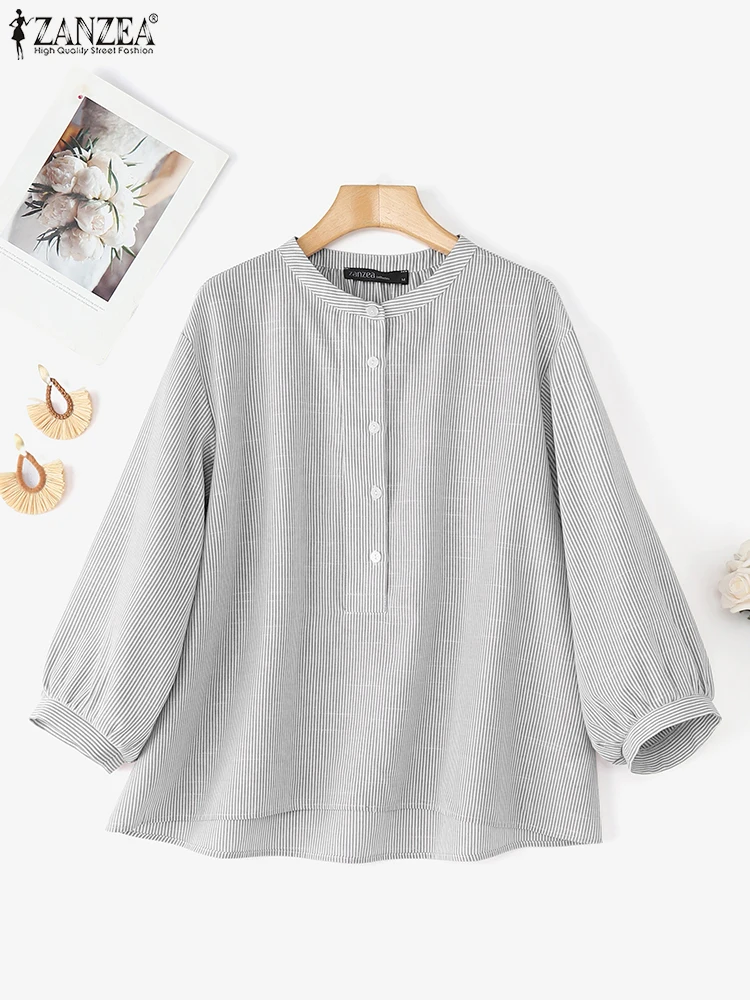 

2025 ZANZEA Autumn Blouses Fashion Women Long Sleeve Loose Striped Tops Casual Shirt Stand Neck Office Work Blouse Button Blusas