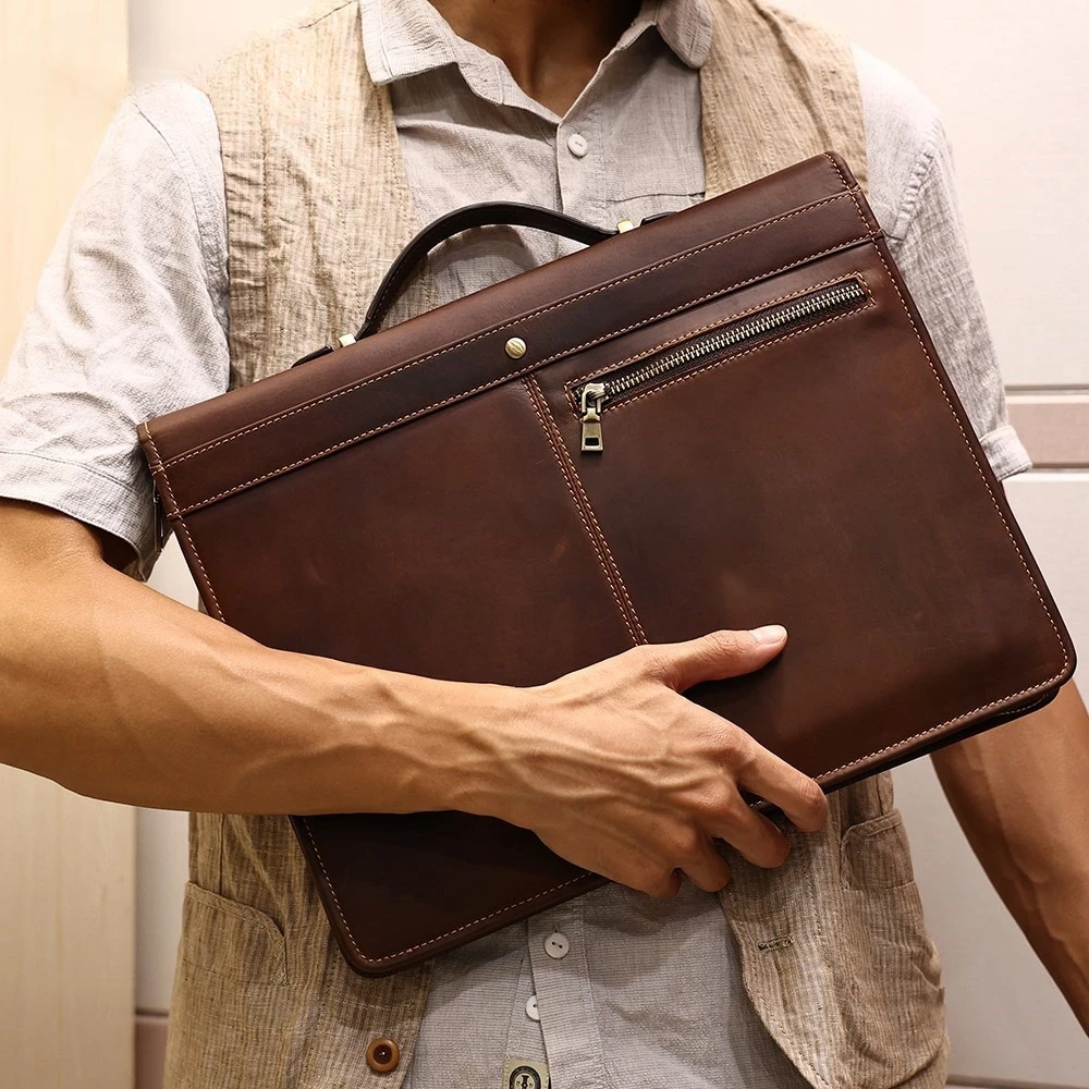 

Crazy Horse Leather Briefcase Top-Handle Bags 13.3" Laptop iPad Portfolio Case Business Office Document Bag Male New