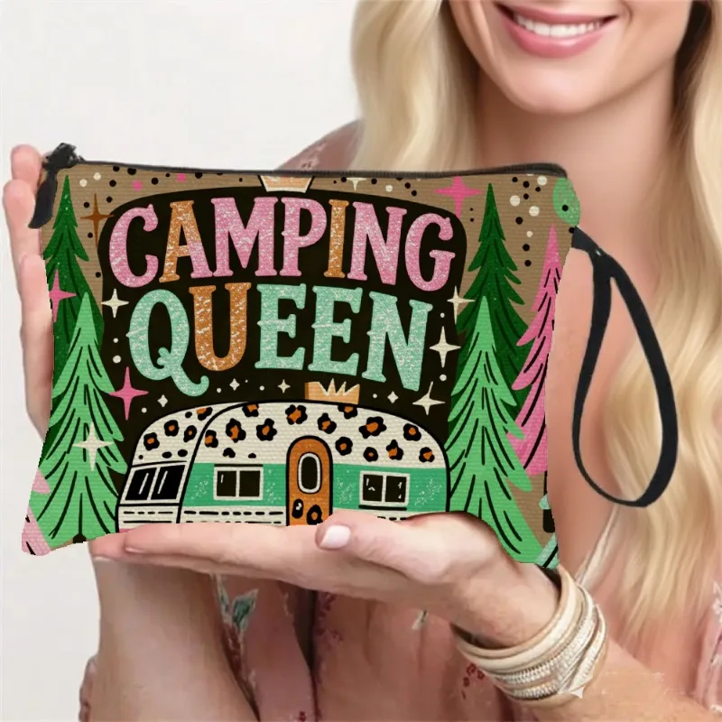 Vintage Camper & Pine Tree Toiletry Bag - Lightweight Travel Makeup with Wristband Strap, Zipper Closure Suitable for Outdoor Ad