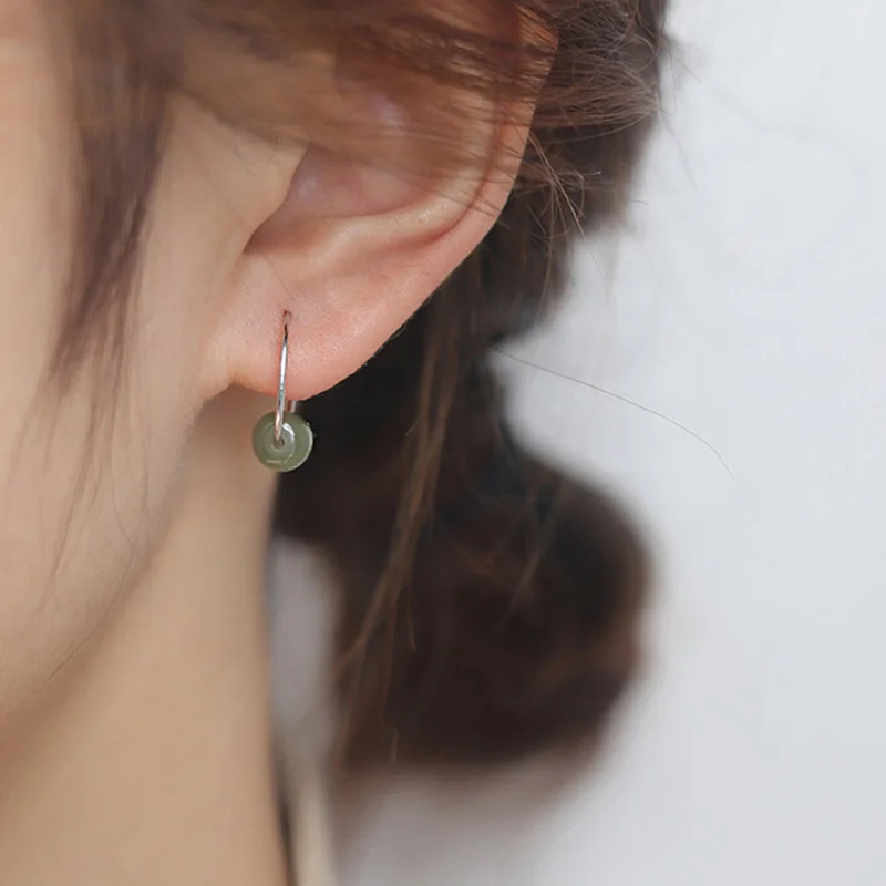 Elegant Vintage Jade Hoop Earrings For Women New 925 Silver Jewelry Lucky Bead Earring Lady Party Accessories