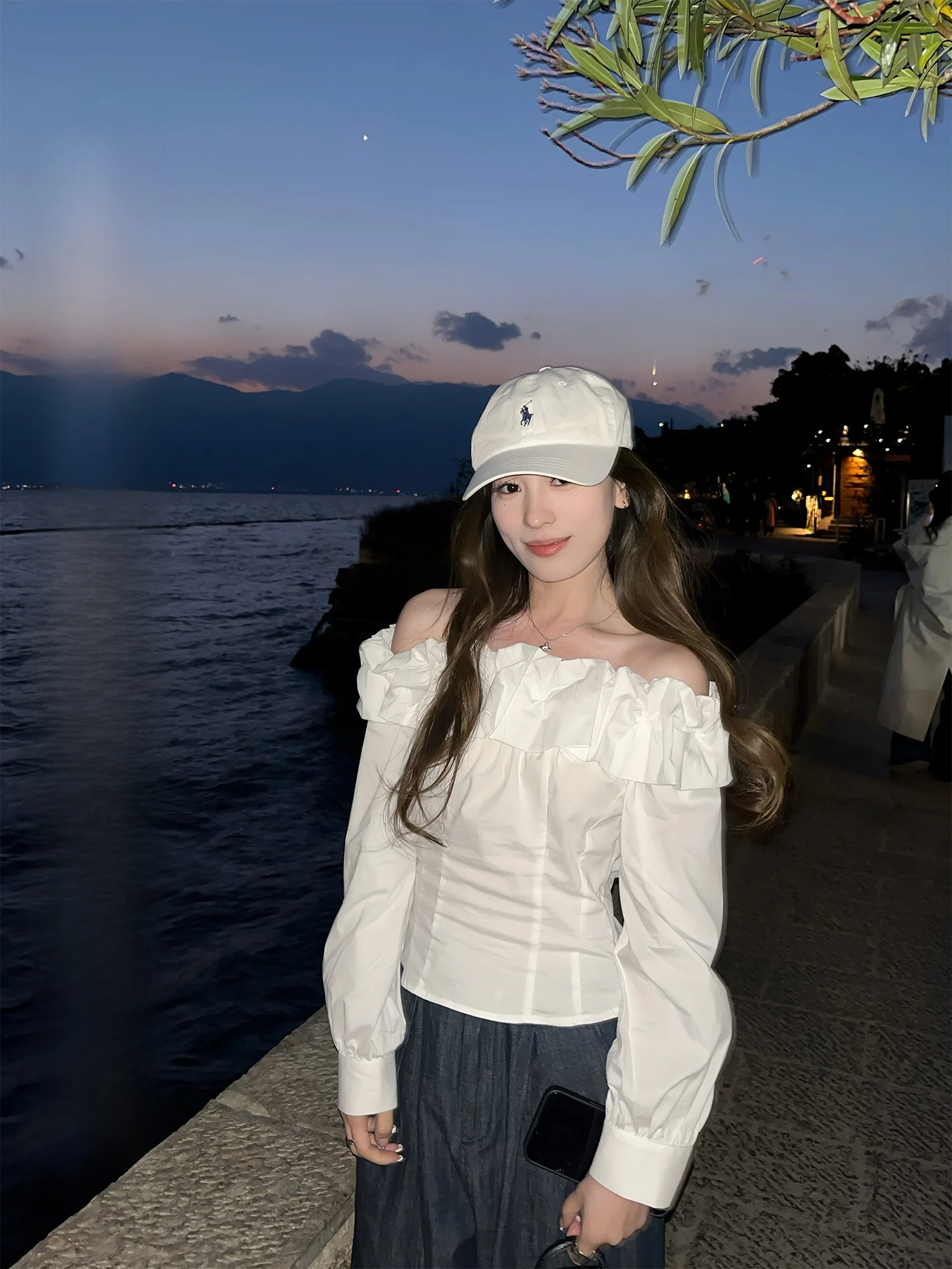 

Ele Pure White One-oulder Long Sve irt Women's Spring Faion Slim Fit oulder Bared ort Top Commute Sle