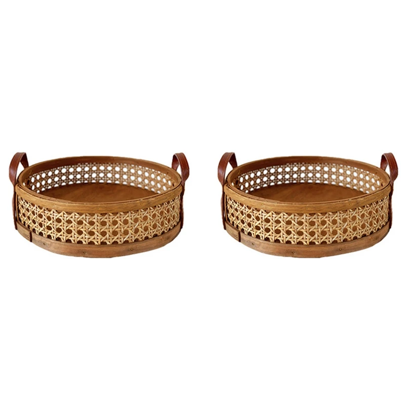 

Hot 2X Rattan Woven Storage Basket Home Living Room Round Placing Tray For Fruit Bread Breathable Desktop Organizer -Brown