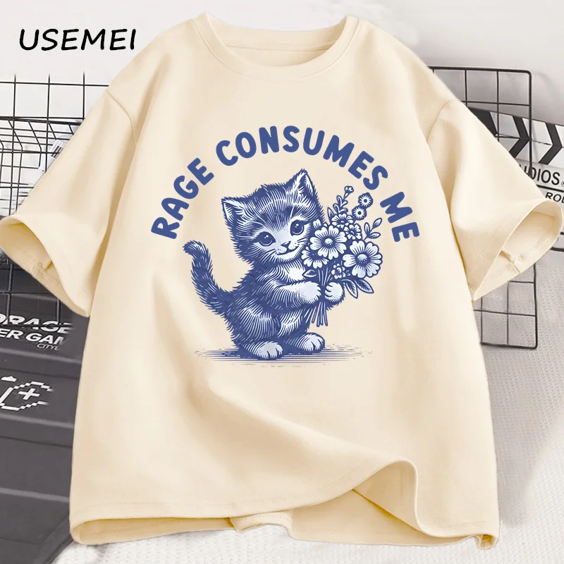 Rage Consumes Me Cat T-shirt Weirdcore Funny Hilarious Kitten Meme Unhinged T Shirt Health Dark Humor Tshirt Men's Clothes - view 2