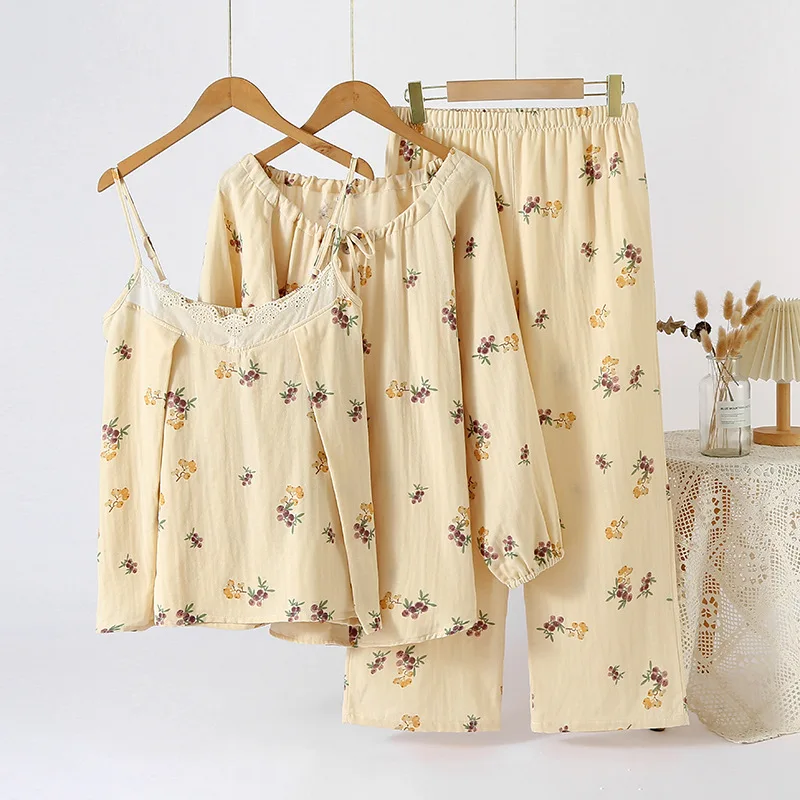 

2025 Spring/Summer New Women's Pajama Set 100% Cotton Crepe Long Sleeves+suspenders+pants Three piece Lace Home Fury Set Ladies