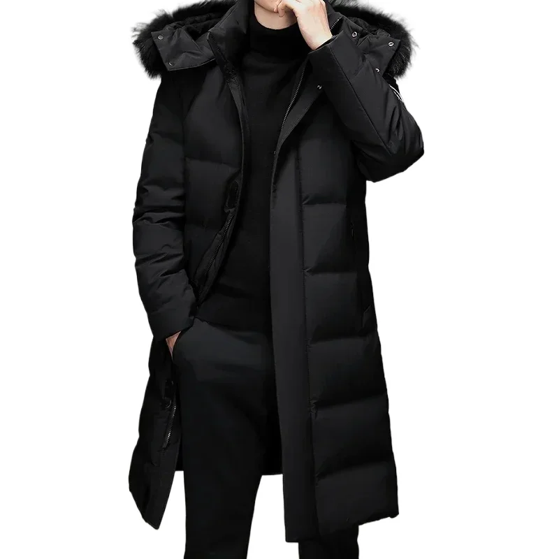 Winter Long Down Jacket Men's Light Luxury Fur Collar Hooded Windproof White Duck Down Warm Coat Korean Thick Snow Puffer Jacket