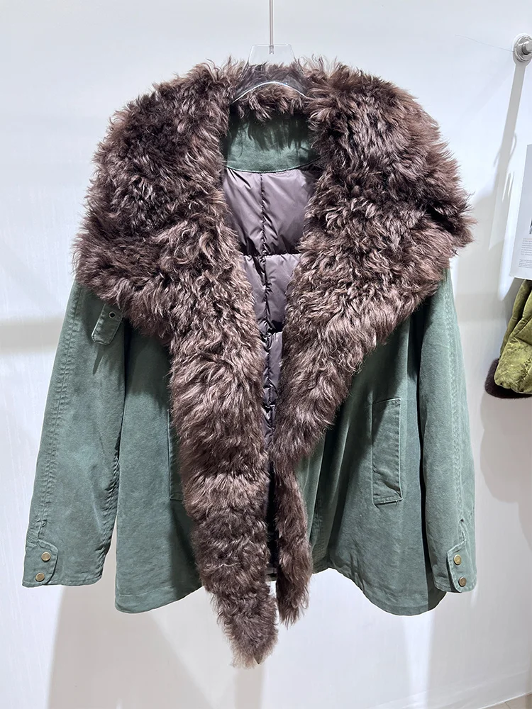 Winter Real Natural Fox Sheep Lamb Fur Collar Thick Warm Goose Down Coats Coat For Women Female Luxury Outwear Puffer Jacket