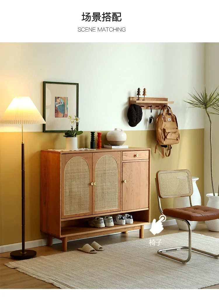 For Nordic Simple Solid Wood Cherry Shoe Cabinet Breathable Rattan Foyer Storage Large Capacity Modern Home Entryway Locker