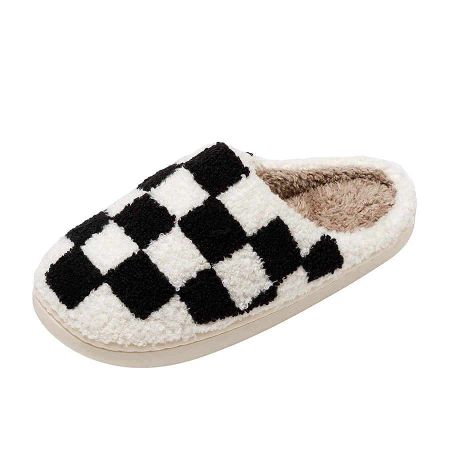 Home Fuzzy Slippers Fashion Checker Indoor Embroidery Houseshoes Cozy Woman Winter Fluffy House Retro Checkered Bedroom Shoes