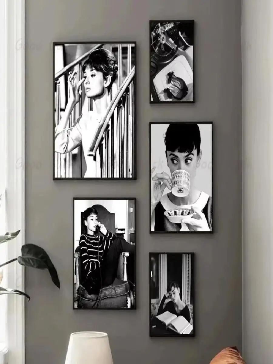 أودري هيبورن أناقة أسود أبيض ملصق قماش طباعة كلاسيكي هوليوود جدار الفن لديكور المنزل #2