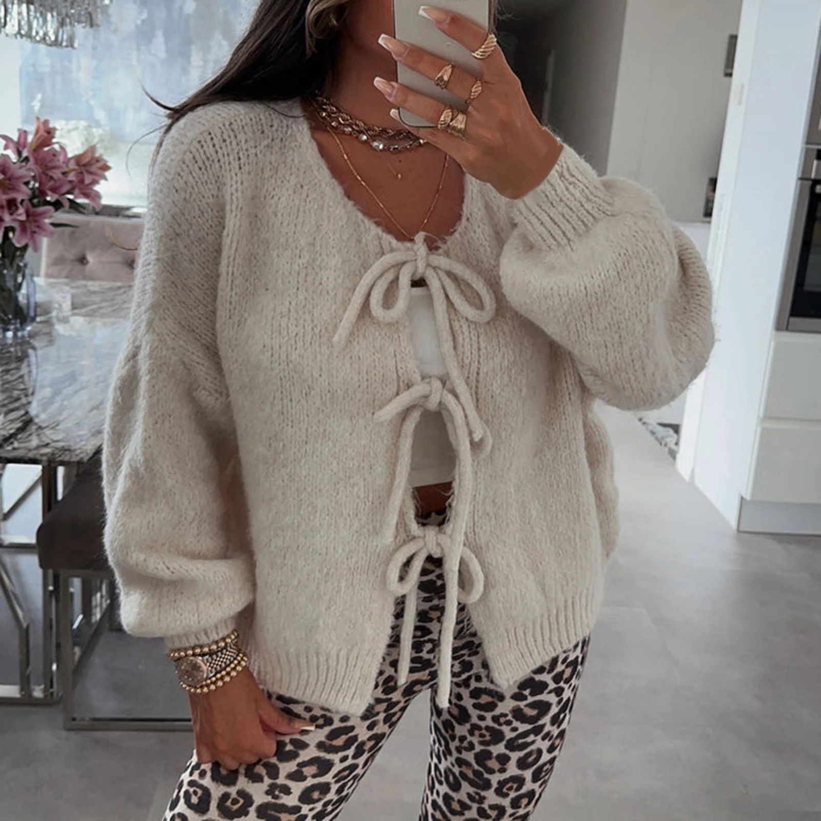 Harajuku Solid Knitted Cardigan Swetry y2k Casual Loose Full Sleeve Tie Front Sweaters Women Vintage Winter Tops 90s Knitwear