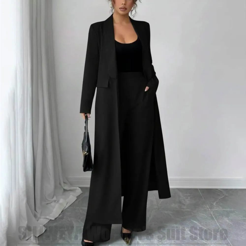 Fashion Women's Suit Set 2 Piece Long Open Front Blazer Coat and Wide Leg Pants Elegant Casual Formal Party Daily Office Suits