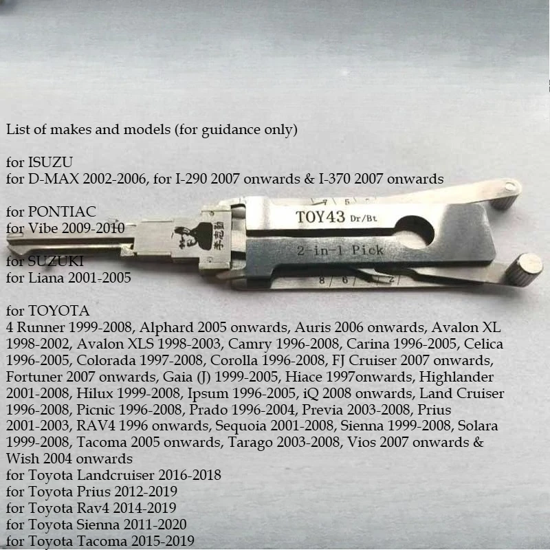 

Repair Tools Lishi HYN7R HU100 HU101 HU87 HU71 HU134 TOY2018 TOY2014 SIP22 HON66 HU162T HU64 MAZ24 2in1 Ganzua Decoder and Pick