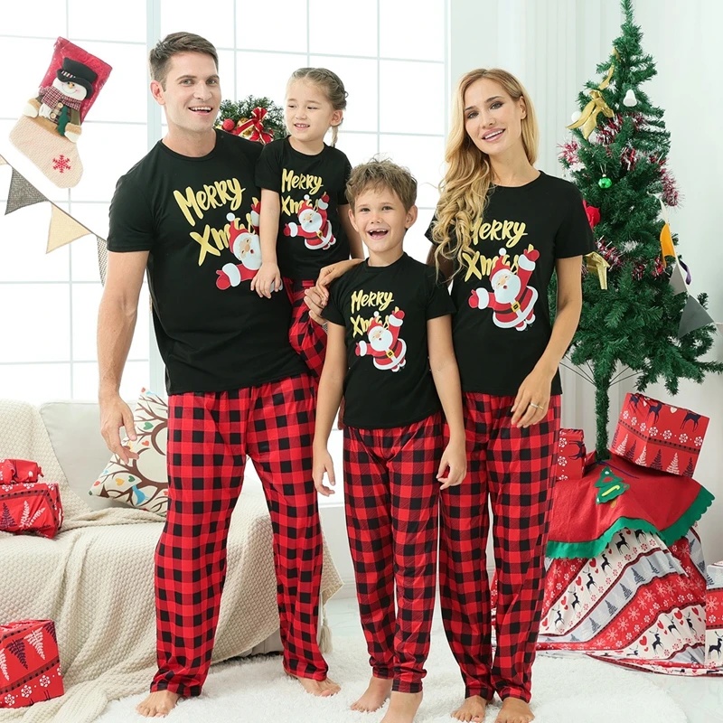 Christmas Family Pajamas Set Santa Tree Cartoon Print Pattern Short Sleeve Top Long Pants 2 Pieces Adults Kids Party Christmas