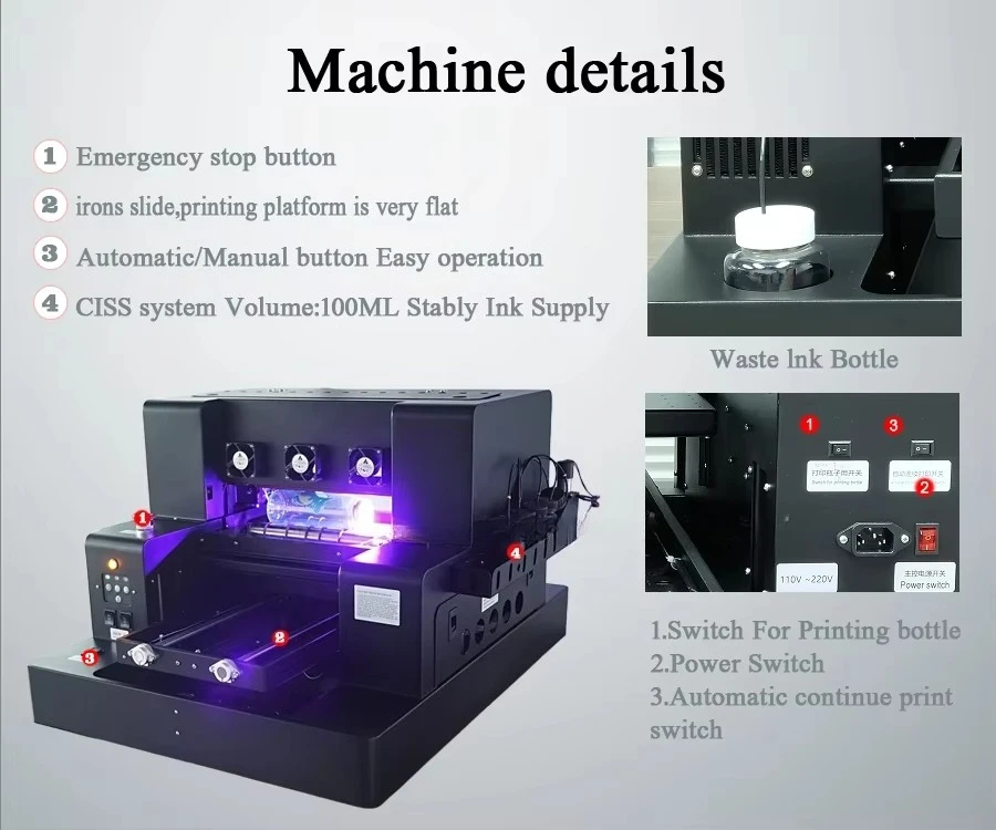 Multi Function A4 UV Inkjet Flatbed Machine Print Phone Case Glass Bottle Pen PVC Acrylic Ceramic Wood Metal UV Effect Printer