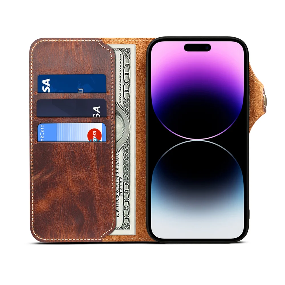 Luxury Oil Wax Genuine Leather Wallet Case for iPhone 17 Pro Max 12 13 Pro 14 15 Plus 16E 17E 17 Air Soft TPU Base Wallet Case