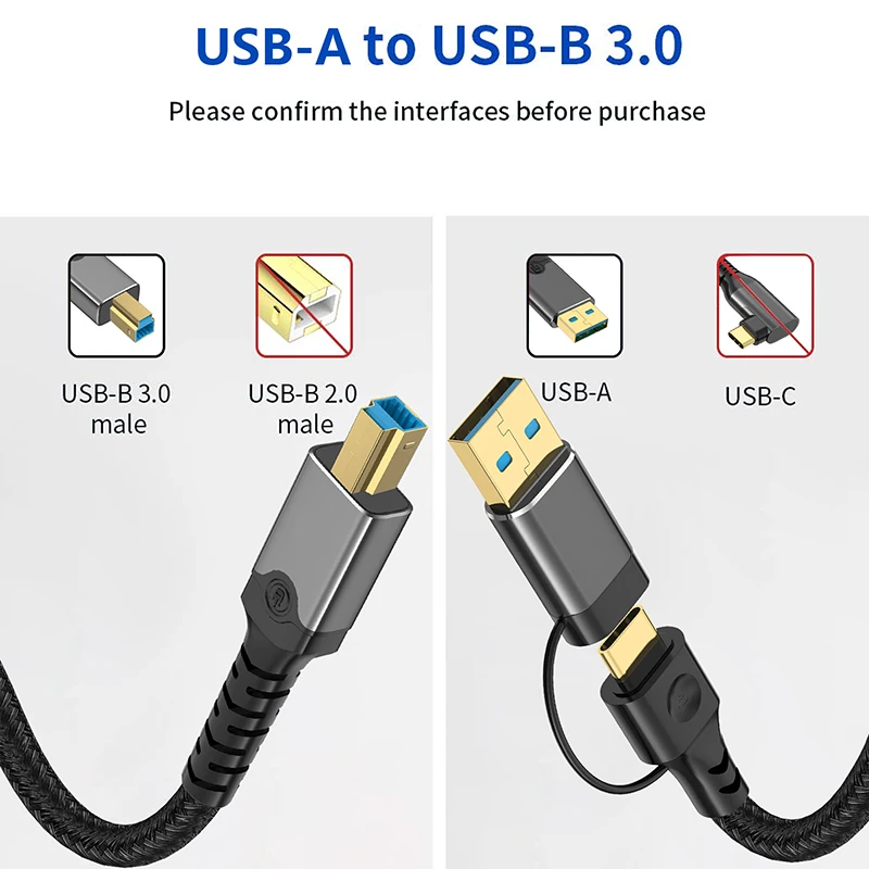 DOONJIEY Printer Cable 2-in-1 USB-A/C to USB B 3.0 Cable 5Gbps Data Transfer for MacBook Pro HP Canon USB Printer Scanner Cord