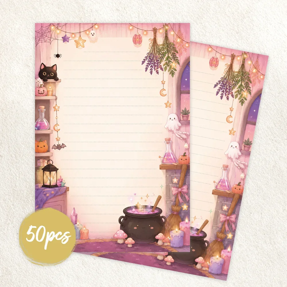 50 Sheets,   Pink Purple Cozy Witch Attic themed Writing Paper, Lined, Gluefree, Perfect for Notebooks, Memos, and Stickers