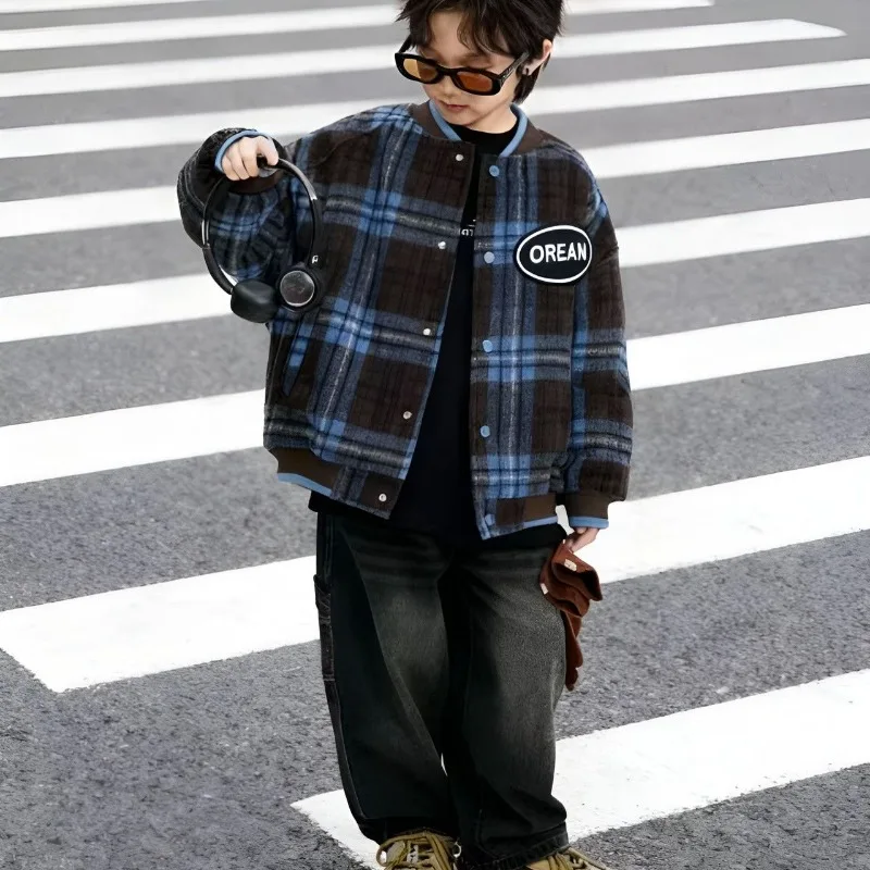 2025 Winter Boys Thermal Plaid Baseball Jacket Thermal Insulated Cotton Coat for Big Kids Trendy Outdoor Wear with Padding