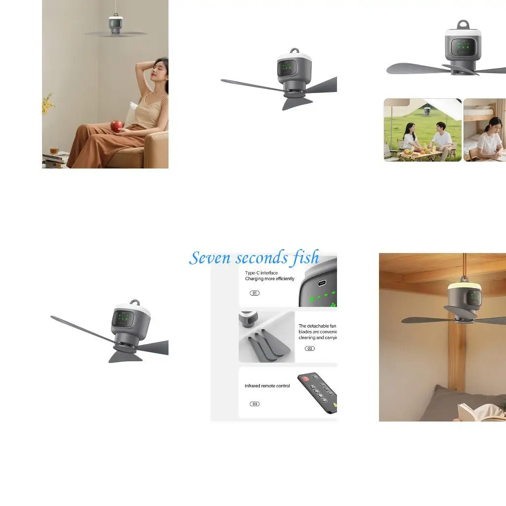 

L74B USB Rechargeable Hanging Fan With Remote 3 Speed Setting Quiet Operation LED Light For Camping Tents Outdoor Bedrooms