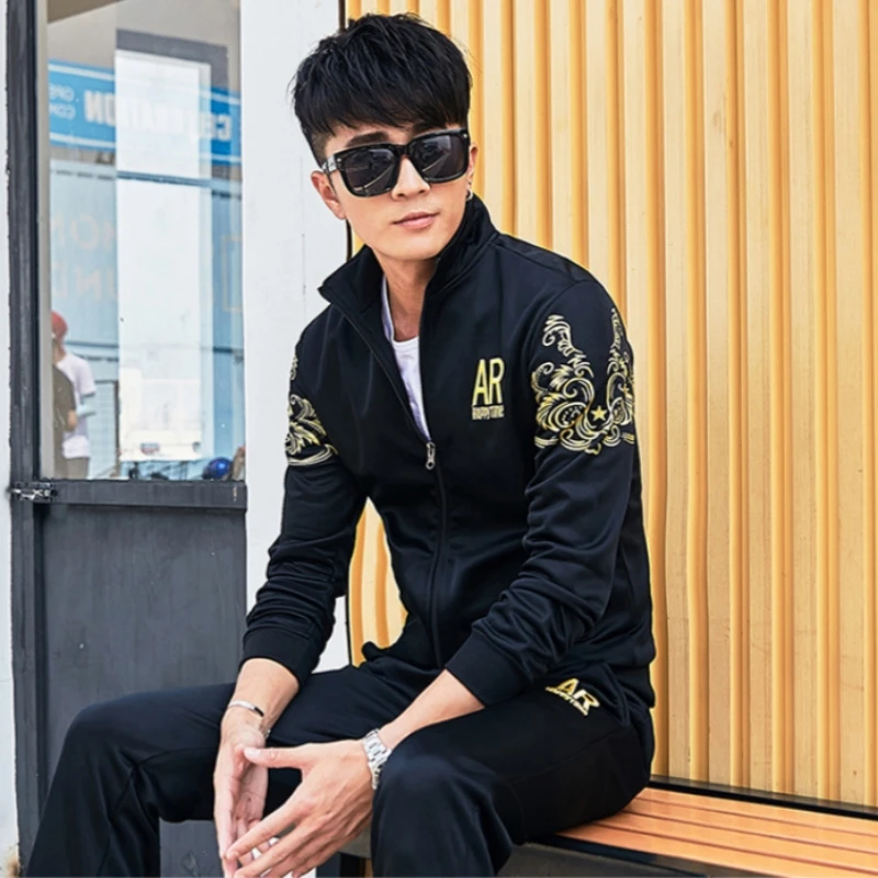 Spring Autumn Men\'s Sports Casual Suit Fashion Standing Collar Slim Embroidered Baseball Coat Straight Leg Pants Two Piece Set