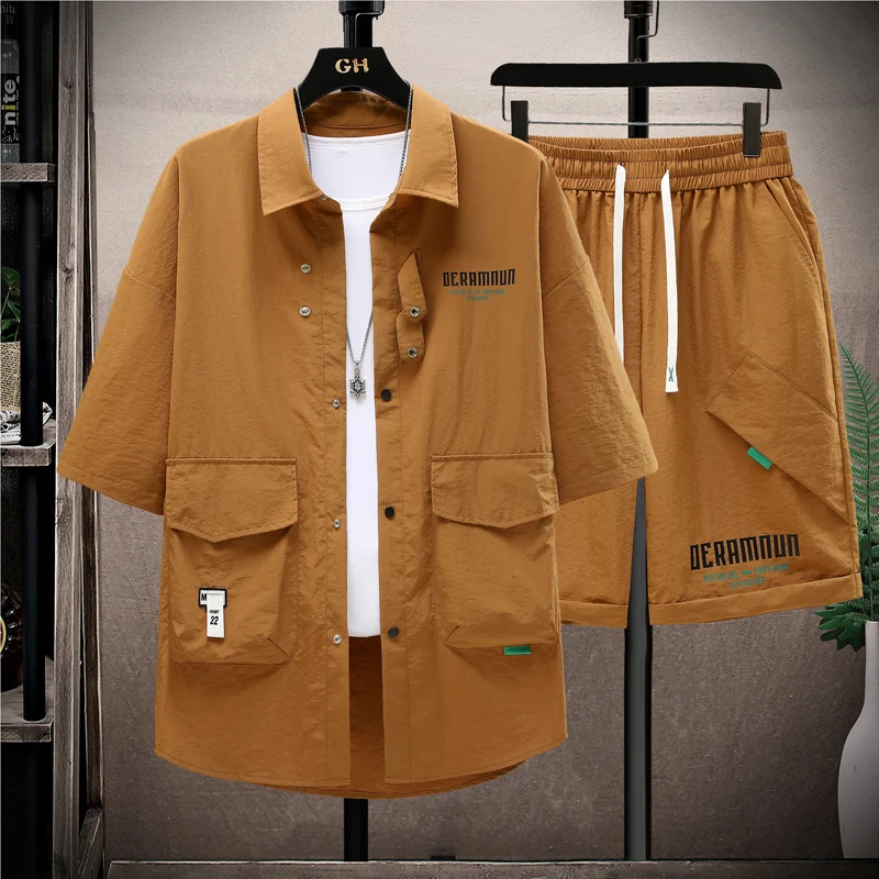 2024 neue Sommer Männer setzt lässige Revers kurze Hemden Shorts zweiteilige lässige solide Kurzarm 2 Stück lose Mode Streetwear