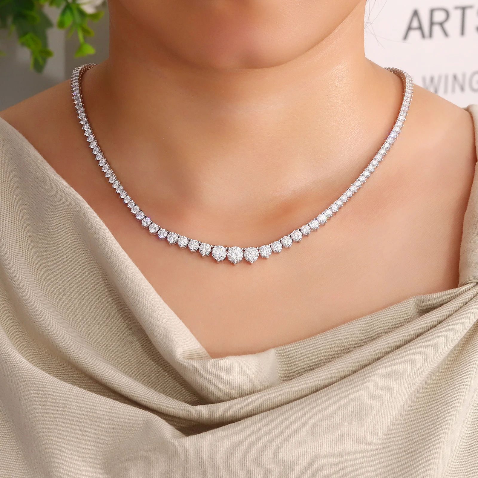 Provence 14K Solid Gold Tennis Necklace for Women Round Cut Gradiant Necklace AU585 Moissanite Necklace for Mom Choker Necklaces