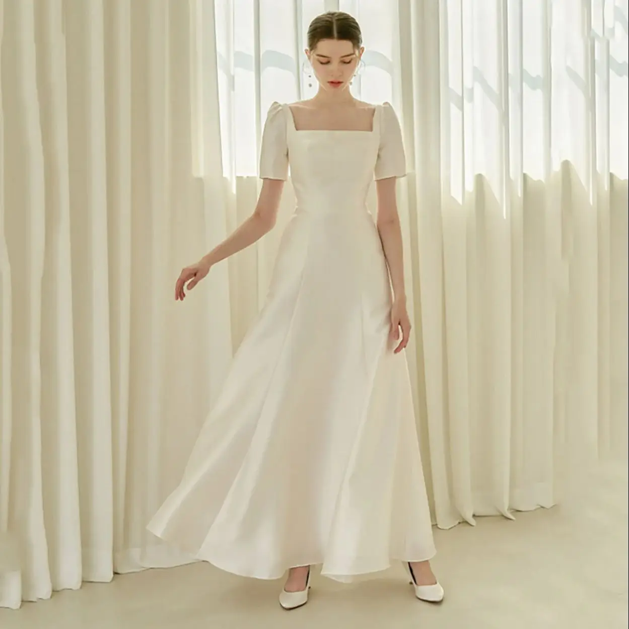 

Elegant Solid Color Women's Satin Evening Dress Square Collar Short Sleeved A-line Simple Prom Gown Eedding Party Guset Vestido