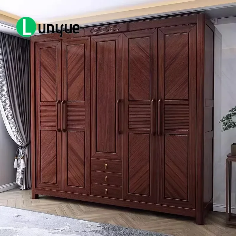 New Chinese Style Ebony Solid Wood Wardrobe 3 4 5 Door Flat Open Storage Cabinet for Home Master Bedroom Furniture