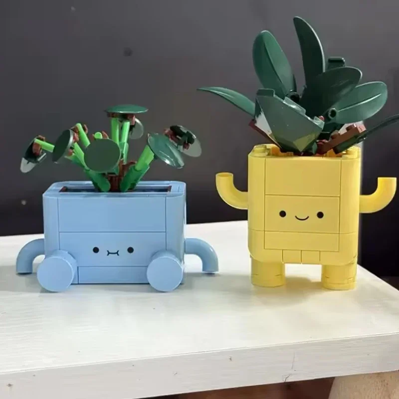 MOC Customized Modular Green Potted Happy Plant Model, Suitable for Home Decoration and Holiday Gifts