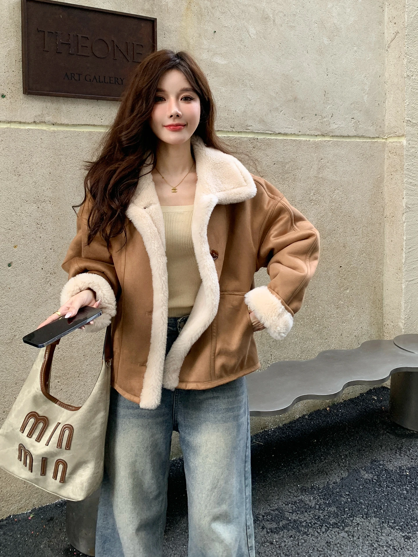 

Casual Hong Kong Sle Lamb Fur Jaet Women's Loose Fit Woolen Inner Motorcycle Coat ort Length Warmth Guaranteed