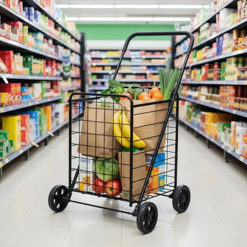 Chariot de courses pliable noir à roulettes, cadre en acier antirouille, supportant jusqu'à 45 kg. Grand panier spacieux, quatre roues maniables et poignée ergonomique en mousse. Se plie à plat pour un rangement compact, adapté aux cours et aux coursiers.