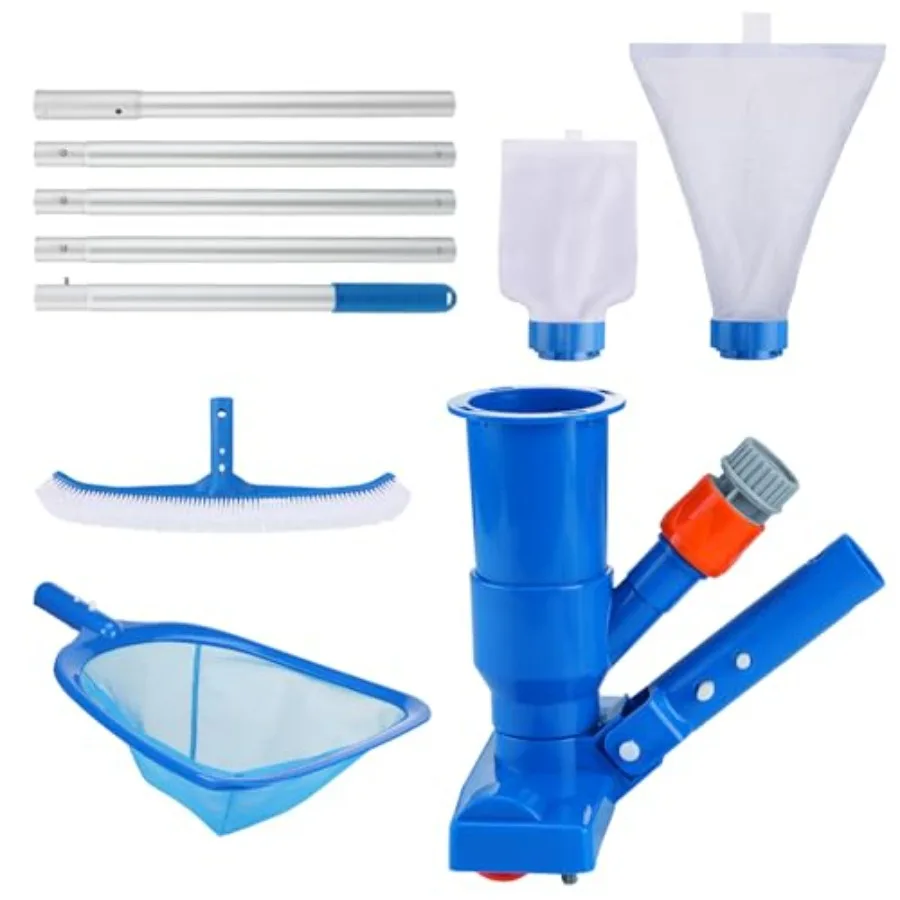 

Портативный набор для чистки бассейнов 3-в-1 для наземных бассейнов - включает в себя пылесос с сетчатыми мешками, щетку, сачок, удлинитель 6,2 фута.