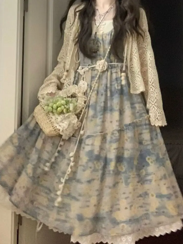 

Новый летний женский комплект из двух предметов: дышащий повседневный костюм с вырезами и бретелями, в стиле «сладкий фей», с эффектом масляной живописи