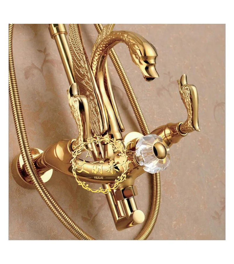 European antique golden swan booster shower set copper hot and cold faucet lifting retro shower.