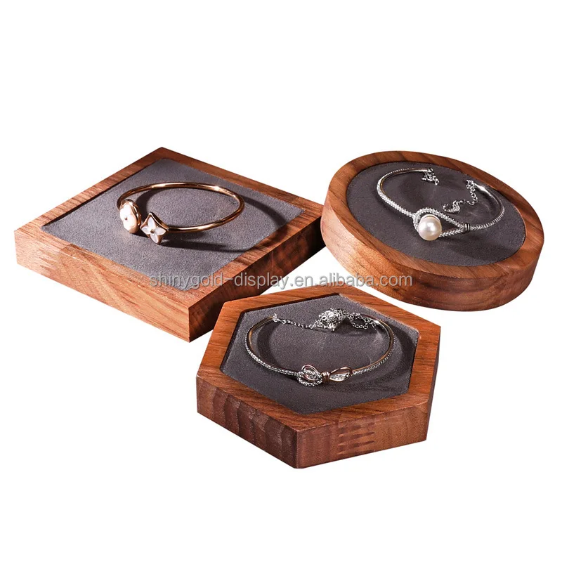 custom.Luxury Round Square Natural Wooden Small Jewelry Display Box Vintage Jewelry Wood Display Tray