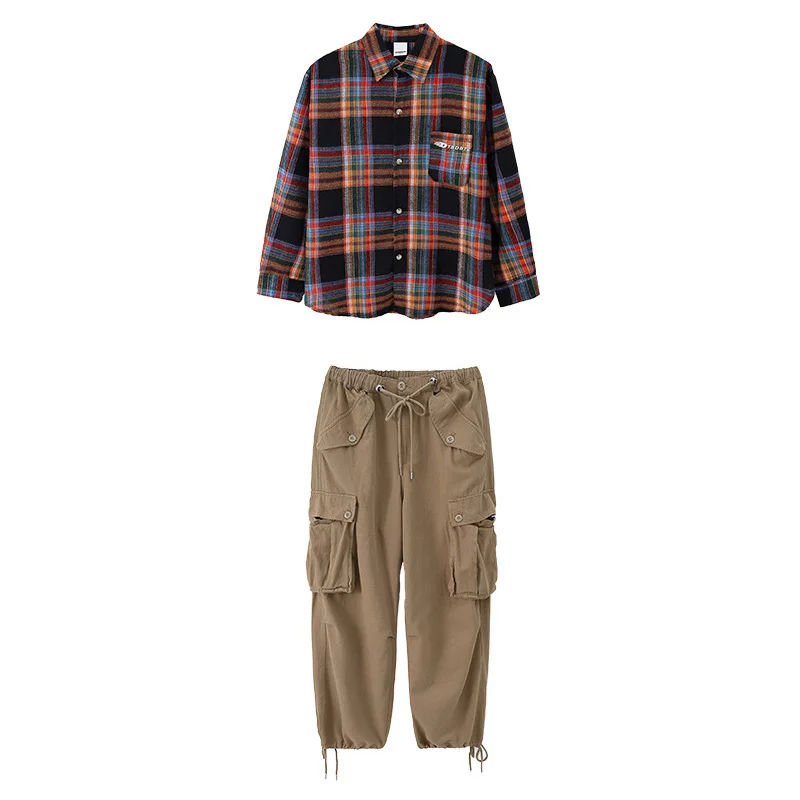 Costume Hip Hop pour garçons, chemise à carreaux à rayures, pantalon Cargo kaki/gris pour filles, danse de rue, vêtements de Jazz pour enfants, ensembles Streetwear pour enfants