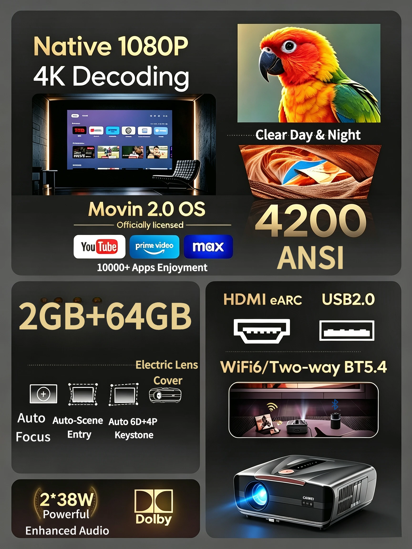 A9TL 4K-Unterstützter Projektor, Native 1080P, Netflix Offiziell Zertifiziert, Autofokus-Projektor, Dolby, Bluetooth, HDR, Heimkino 2026 – Detail 5