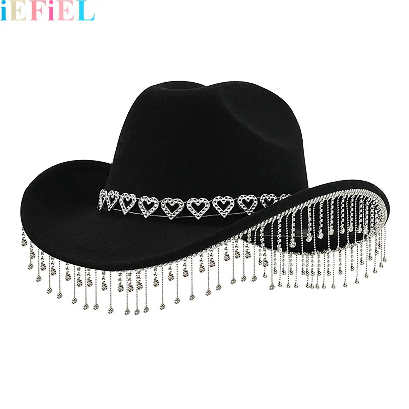 

1Pcs Women Men Western Rhinestones Tassel Decor Cowboy Hat for Halloween Cowgirl Hat Fedoras