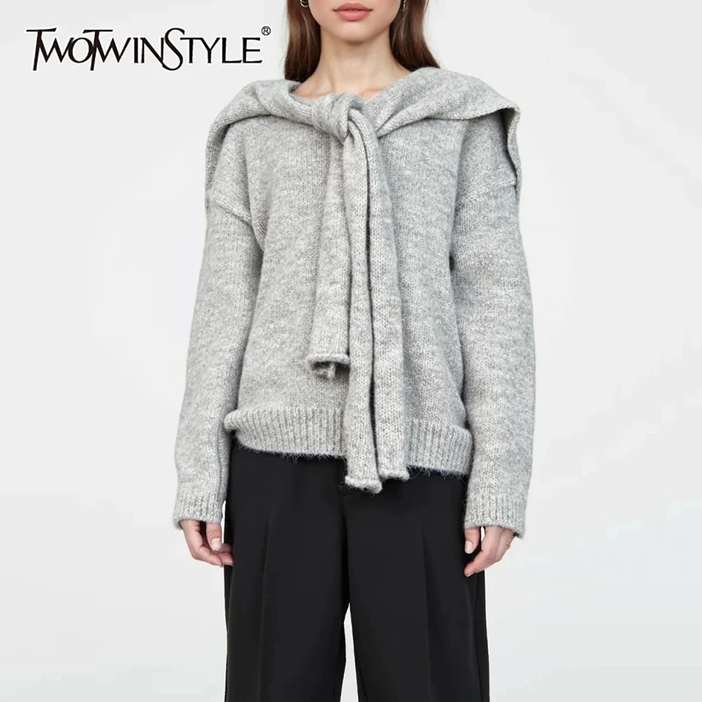 

TWOTWINSTYLE Solid Patchwork Shawl Pullover for Women V Neck Long Sleeves Minimalist Temperament Sweaters Female Autumn Clothing