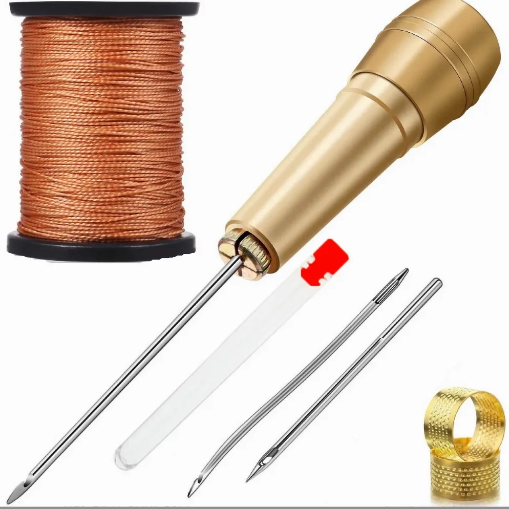 Leather Sewing Kit DIY Leather Sewing Awl Needle With Copper Handle Set Leather Canvas Tent Shoes Repairing Tool W/Nylon Thread