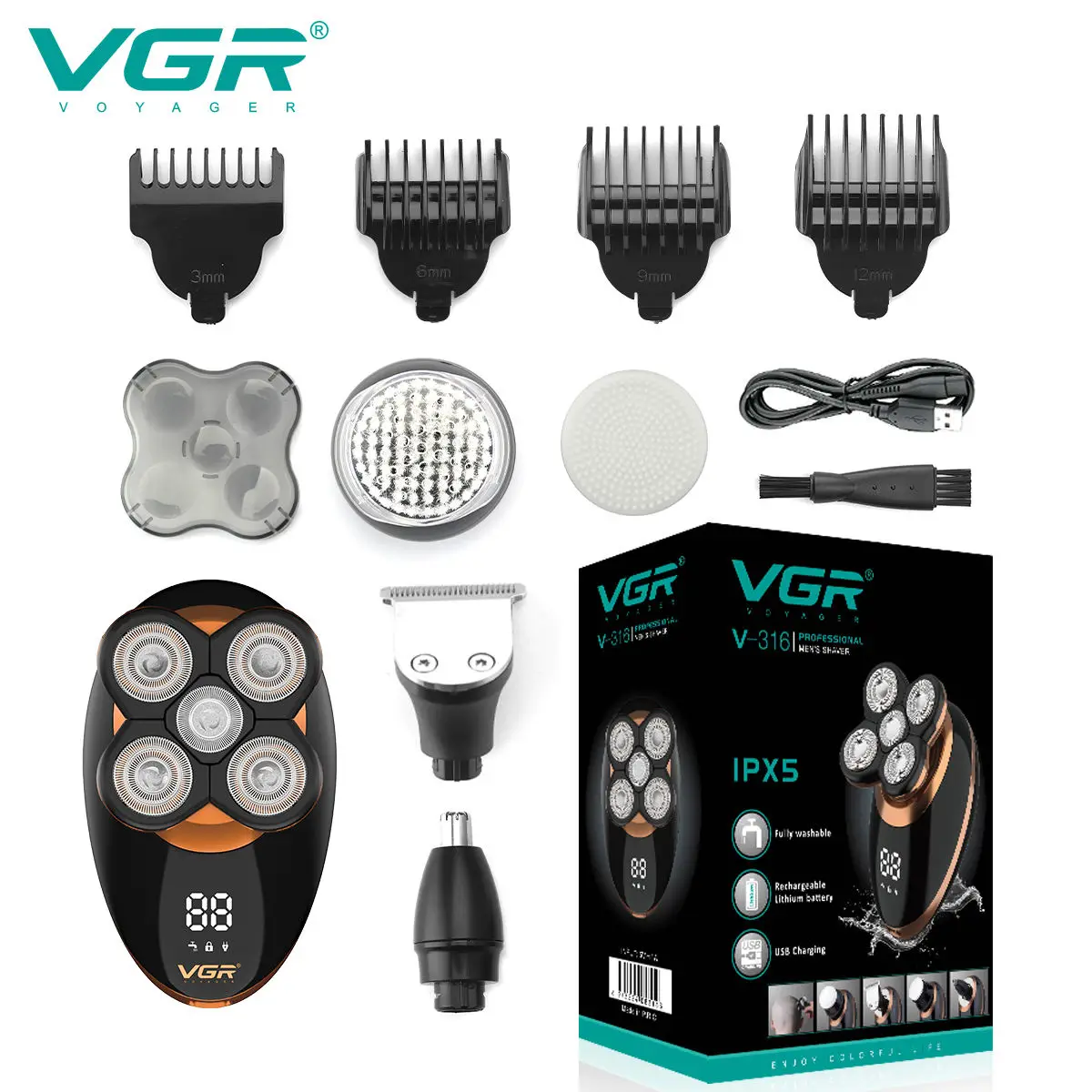 VGR Multi-cutting 5in1 Electric Razor Cut Zero Ball Mower Beard Trimmer LCD Display Nose Ear Grooming Multi-use Bald Shaver 316