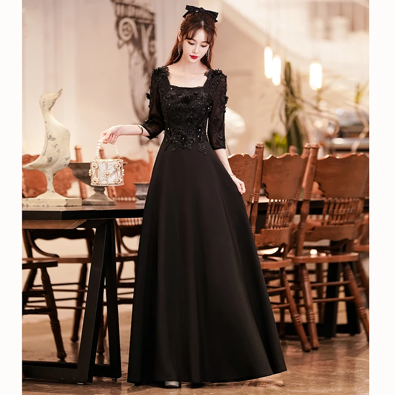 Elegant Black Long Evening Dresses With Sleeves Square Neck A-Line Luxury Appliques Prom Gowns