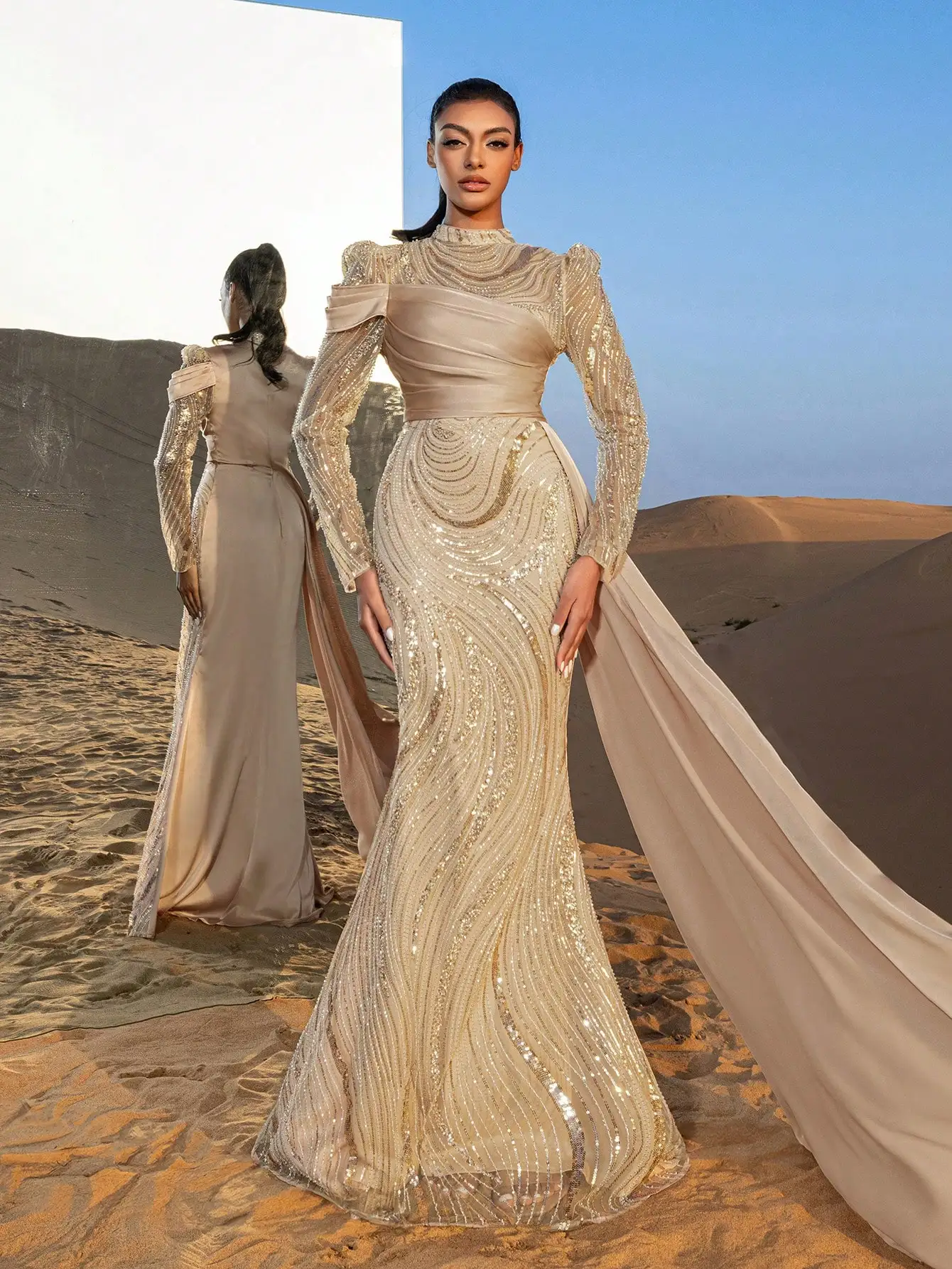 Lindo decote simulado mangas transparentes bainha sereia vestidos formais e vestidos de noite