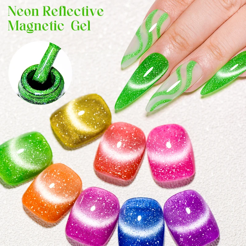 MTSSII 7ml Reflective Glitter Magnetic Gel Fluorescent Green Semi Permanent Neon Glitter Gel Nail Polish Nail Art Polish